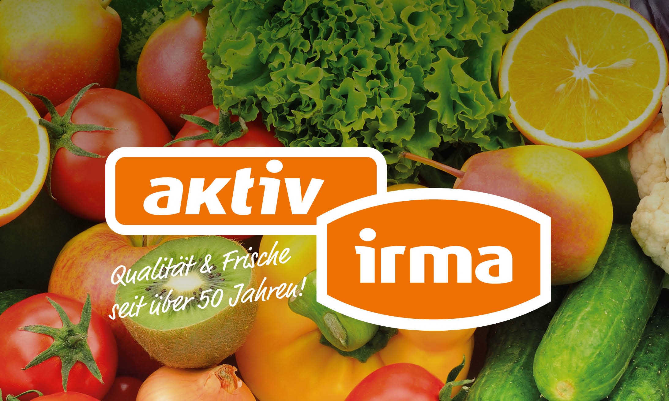Aktiv & irma Logo mit Obst und Gemüse im Hintergrund. Logo: © Aktiv & irma