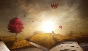 Auf dem gemalten, mystischen Bewerbungsbild für das Erzählcafé ist ein aufgeschlagenes Buch zu sehen, auf dem eine Wiese, ein roter Baum und eine Person steht, die mit Blumen durch die Luft weht. © CC0