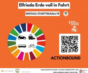 Der QR Code für Actionbound ist zu sehen, um die digitale Stadtteilrallye mit Elfrieda Erde zu spielen. "Elfrieda Erde voll in Fahrt"