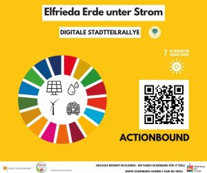 Der QR Code für Actionbound ist zu sehen, um die digitale Stadtteilrallye mit Elfrieda Erde zu spielen. "Elfrieda Erde unter Strom"
