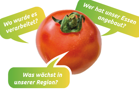 Regio-Challenge-Flyer: eine Tomate mit Sprechblasen zur Herkunft unserer Lebensmittel. Grafik: © Veranstalter