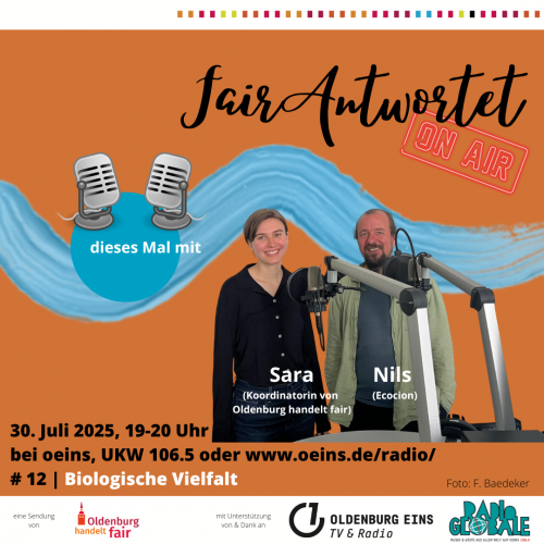 Flyer zur Radio-Sendung "FairAntwortet" mit Terminankündigung, Gesprächspartner*innen und Logos. Grafik: © K. Landwehr