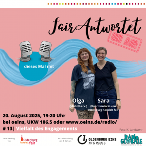 Flyer zur Radio-Sendung "FairAntwortet" mit Terminankündigung, Gesprächspartner*innen und Logos. Grafik: © K. Landwehr
