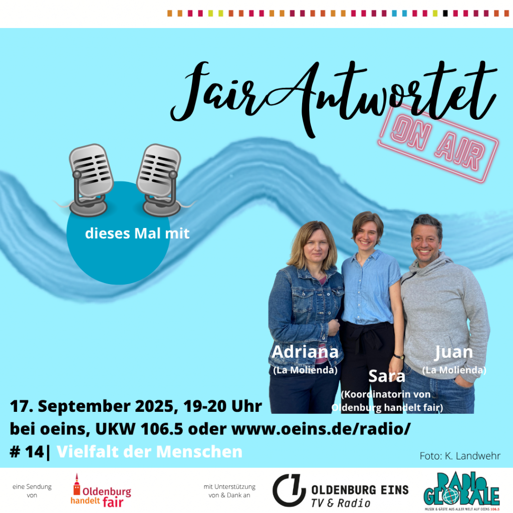 Flyer zur Radio-Sendung "FairAntwortet" mit Terminankündigung, Gesprächspartner*innen und Logos. Grafik: © K. Landwehr